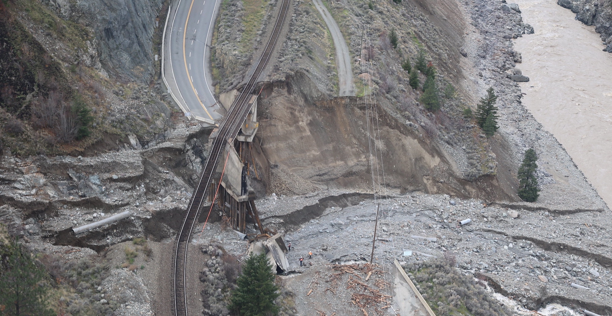 A photo of a highway and railway destroyed by a mudslide in British Columbia.